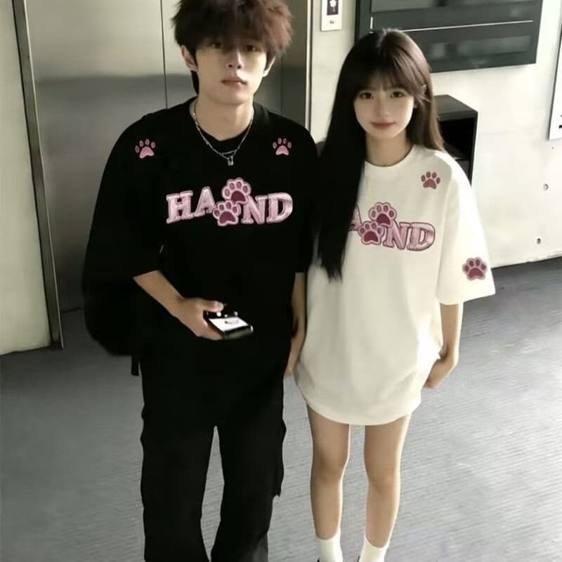 2026 새로운 아메리칸 반팔 티셔츠 여성 루즈핏 순면 자수 티셔츠 커플룩 이미지 2
