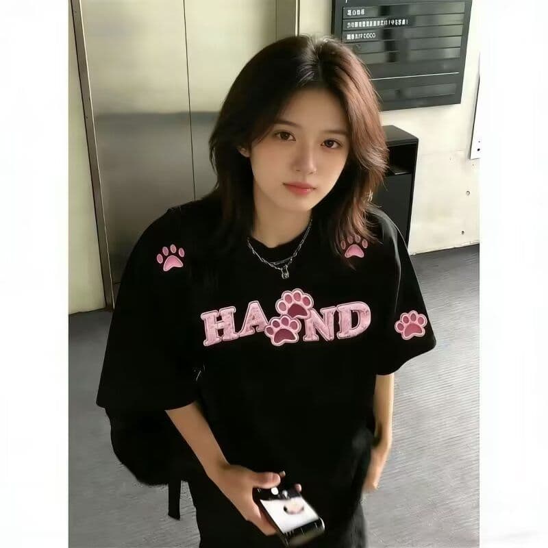 2026 새로운 아메리칸 반팔 티셔츠 여성 루즈핏 순면 자수 티셔츠 커플룩 상세 이미지 15