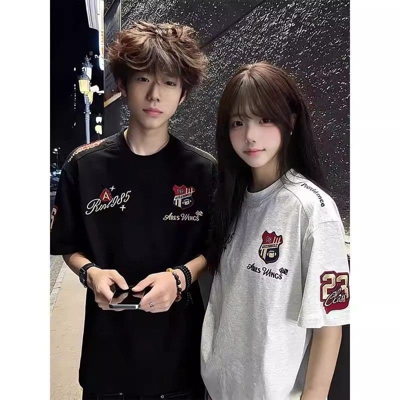 순면 자수 티셔츠 2026 새로운 아메리칸 무거운 순면 휘장 자수 반팔 티셔츠 남녀 상세 이미지 5