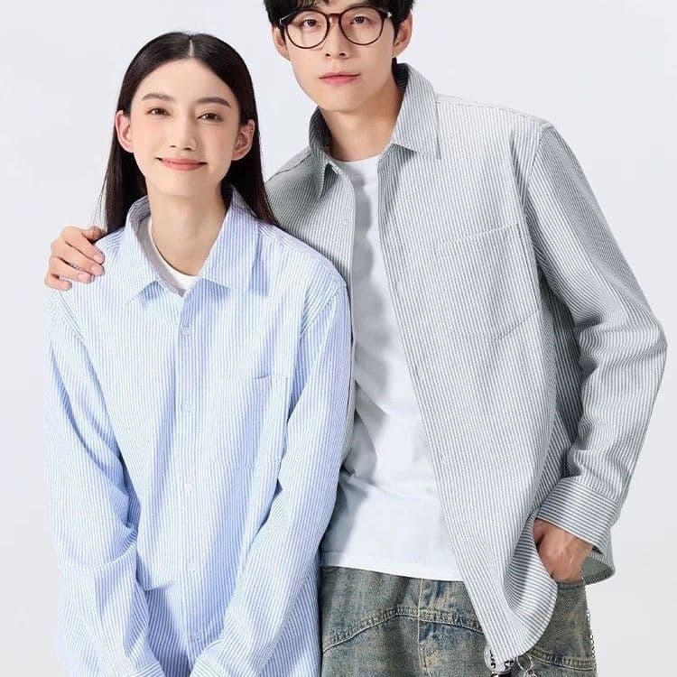 2026 새로운 봄 여름 옥스포드 직물 셔츠 남녀 하늘색 스트라이프 긴팔 고급 커플 이미지 3