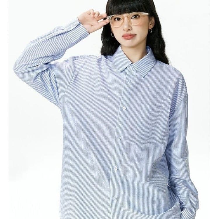 2026 새로운 봄 여름 옥스포드 직물 셔츠 남녀 하늘색 스트라이프 긴팔 고급 커플 이미지 2