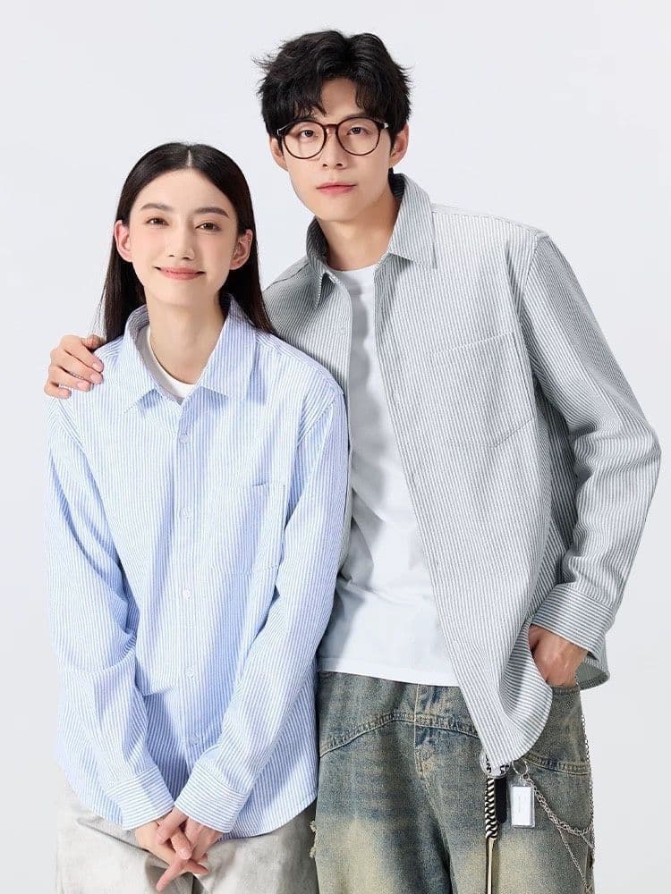 2026 새로운 봄 여름 옥스포드 직물 셔츠 남녀 하늘색 스트라이프 긴팔 고급 커플 상세 이미지 2