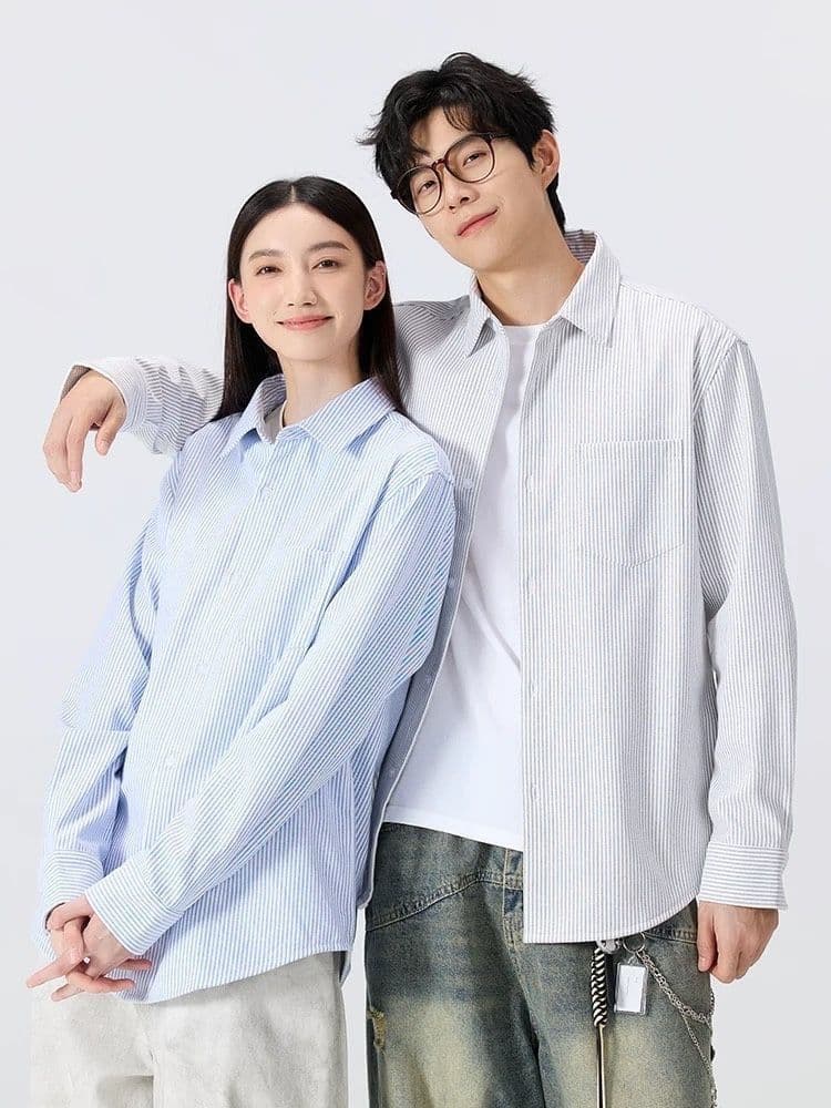 2026 새로운 봄 여름 옥스포드 직물 셔츠 남녀 하늘색 스트라이프 긴팔 고급 커플 상세 이미지 3