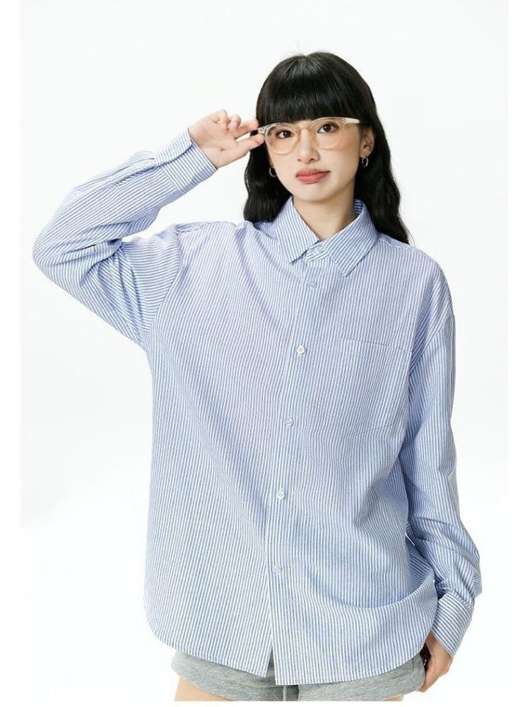 2026 새로운 봄 여름 옥스포드 직물 셔츠 남녀 하늘색 스트라이프 긴팔 고급 커플 상세 이미지 5