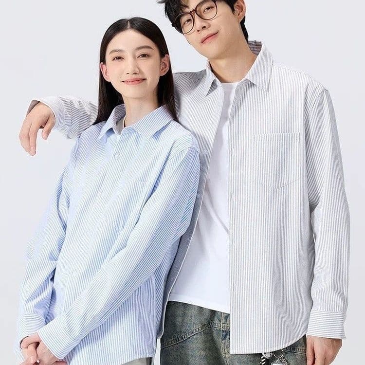 2026 새로운 봄 여름 옥스포드 직물 셔츠 남녀 하늘색 스트라이프 긴팔 고급 커플 상세 이미지 17
