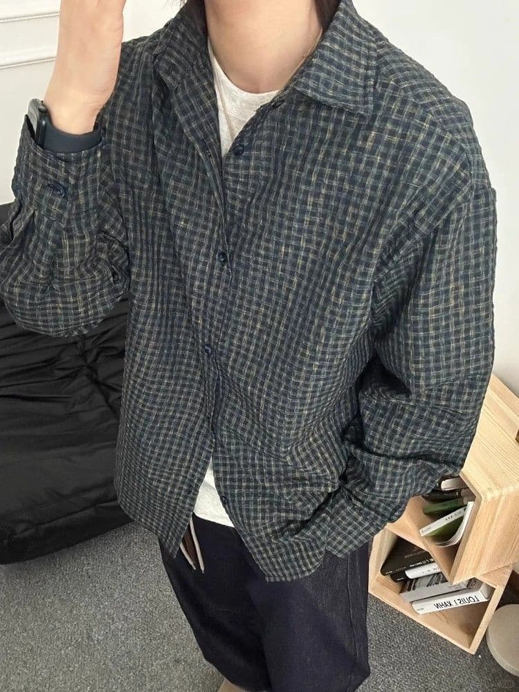 2026 새로운 봄 여름 Seersucker 셔츠 아메리칸 레트로 셔츠 남성 캐주얼 루즈핏 새로운 Seersucker 이미지 3