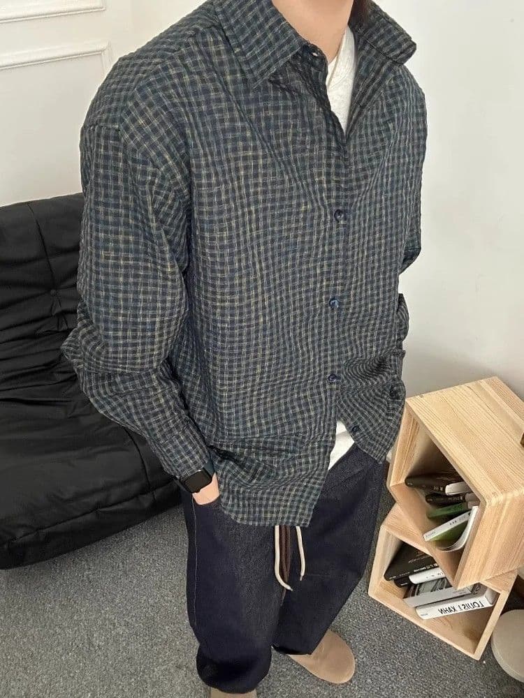 2026 새로운 봄 여름 Seersucker 셔츠 아메리칸 레트로 셔츠 남성 캐주얼 루즈핏 새로운 Seersucker 상세 이미지 3