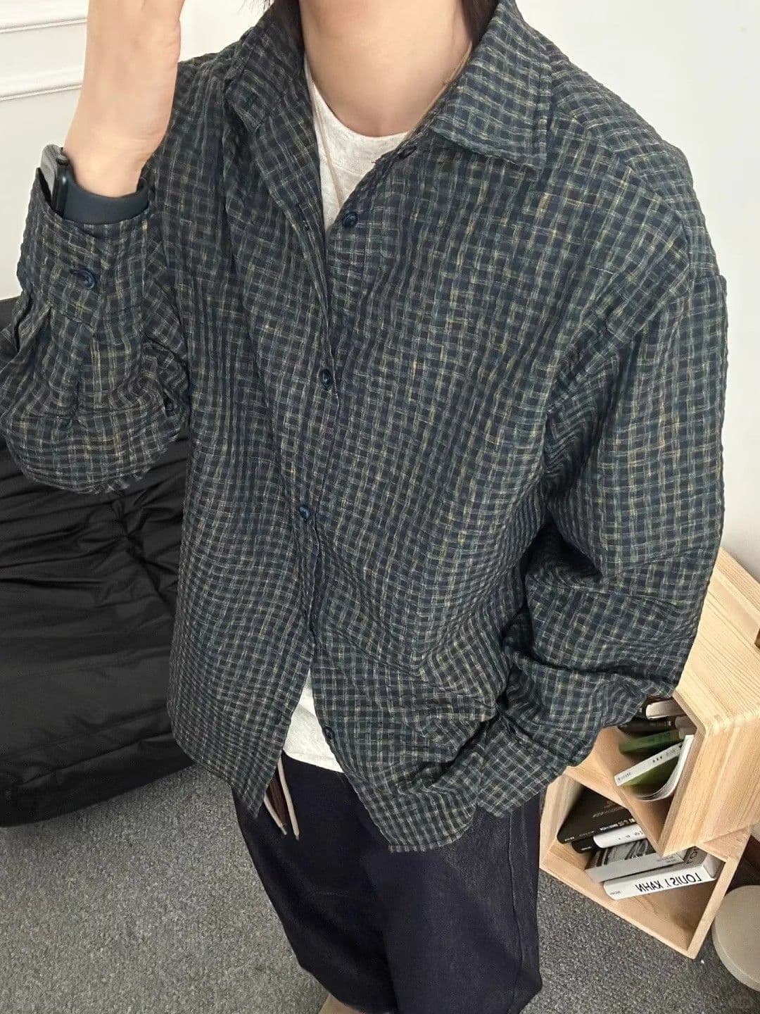 2026 새로운 봄 여름 Seersucker 셔츠 아메리칸 레트로 셔츠 남성 캐주얼 루즈핏 새로운 Seersucker 상세 이미지 4
