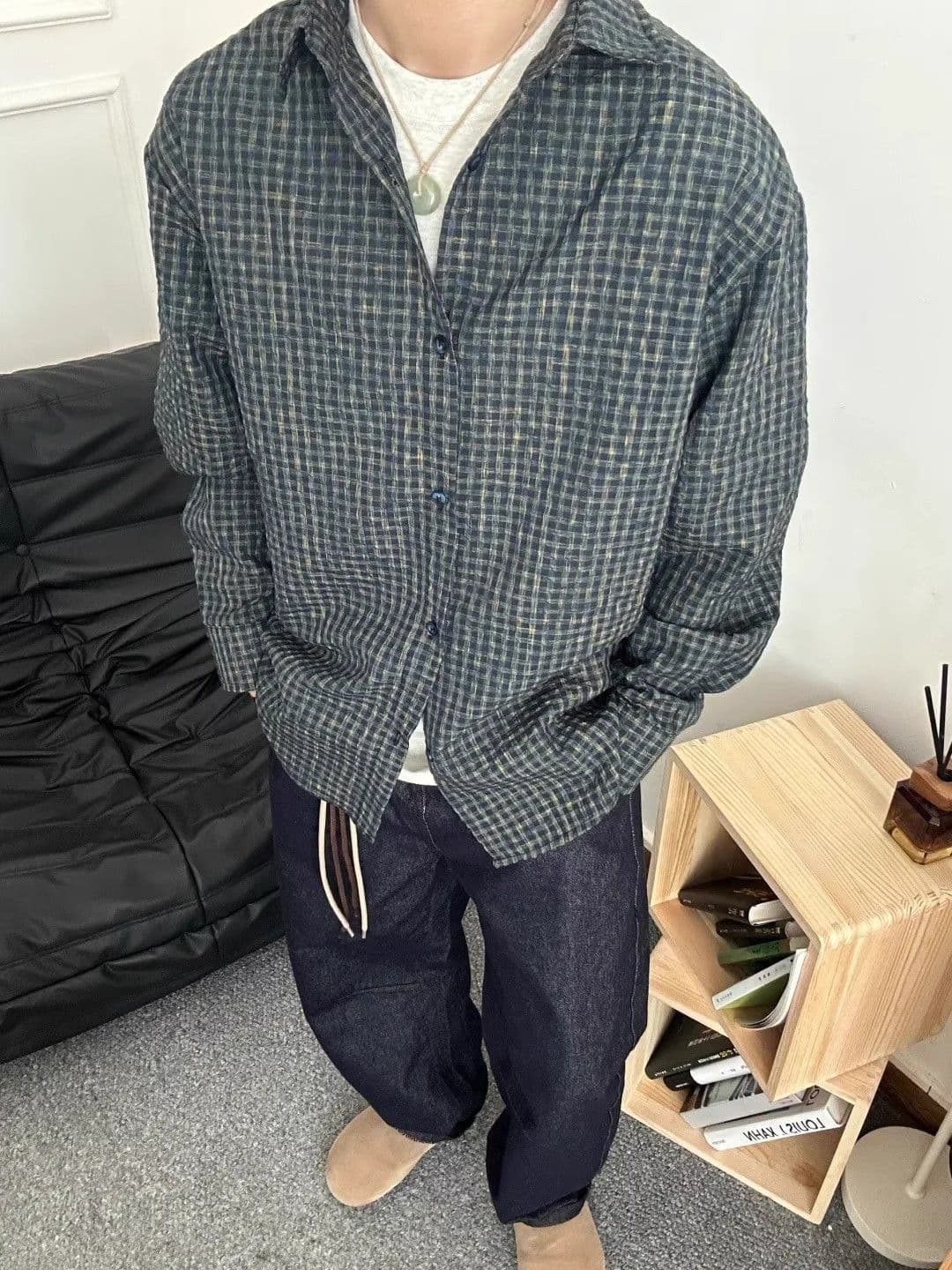 2026 새로운 봄 여름 Seersucker 셔츠 아메리칸 레트로 셔츠 남성 캐주얼 루즈핏 새로운 Seersucker 상세 이미지 5