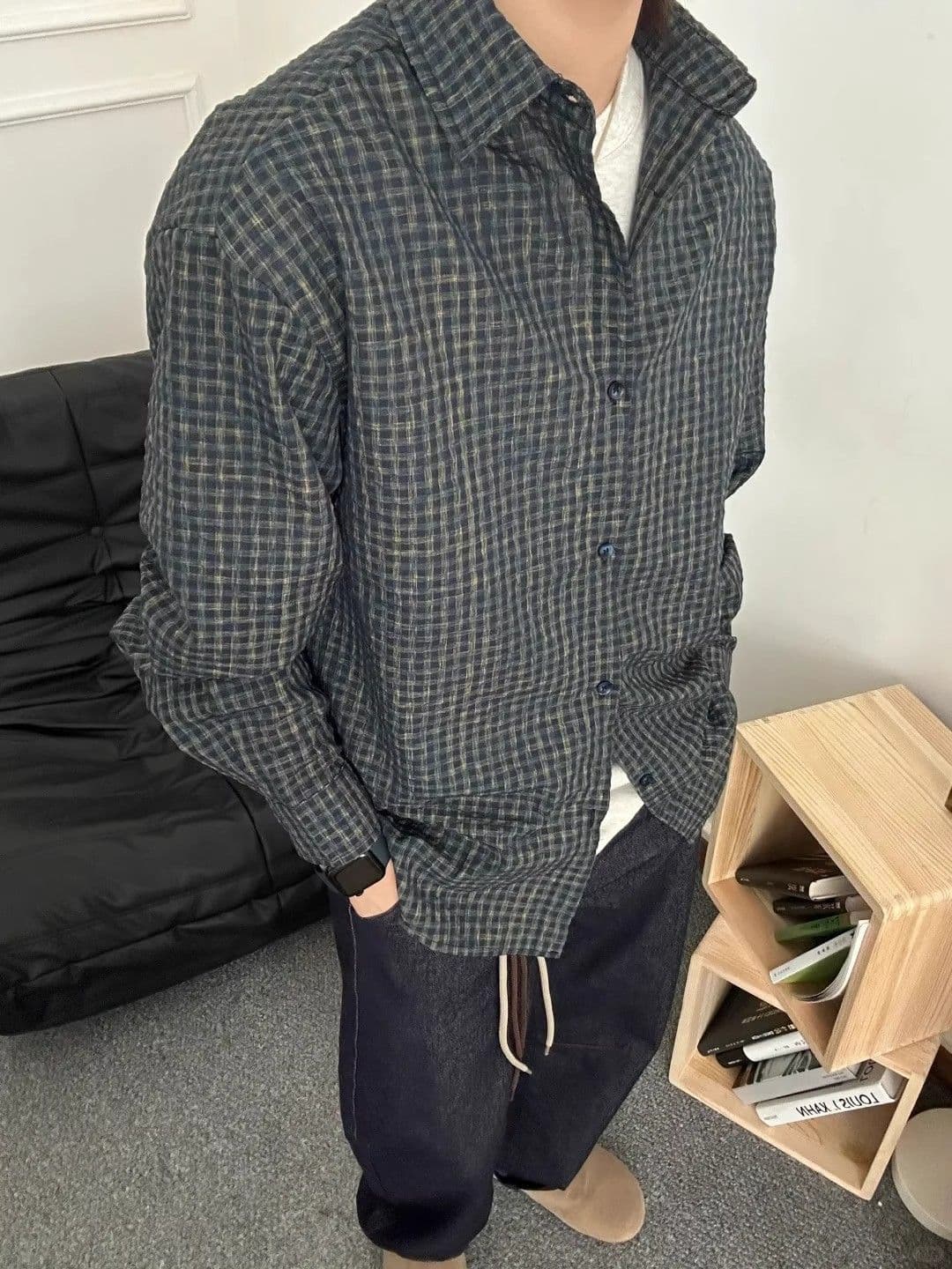 2026 새로운 봄 여름 Seersucker 셔츠 아메리칸 레트로 셔츠 남성 캐주얼 루즈핏 새로운 Seersucker 상세 이미지 6