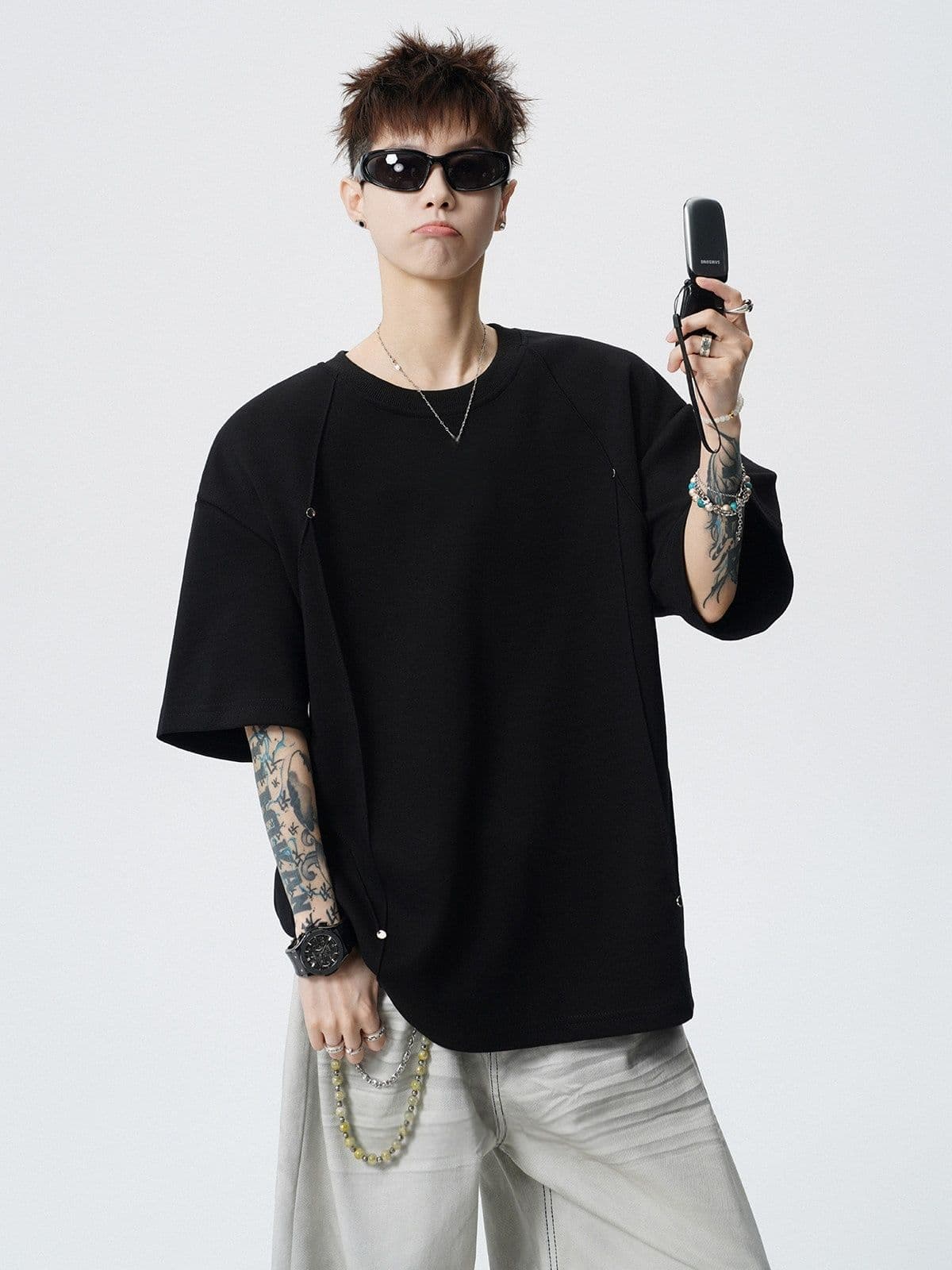 2026 새로운 무거운 해체 징 반팔 티셔츠 여름 캐주얼 긍정적 인 어깨 반소매 동정 이미지 2