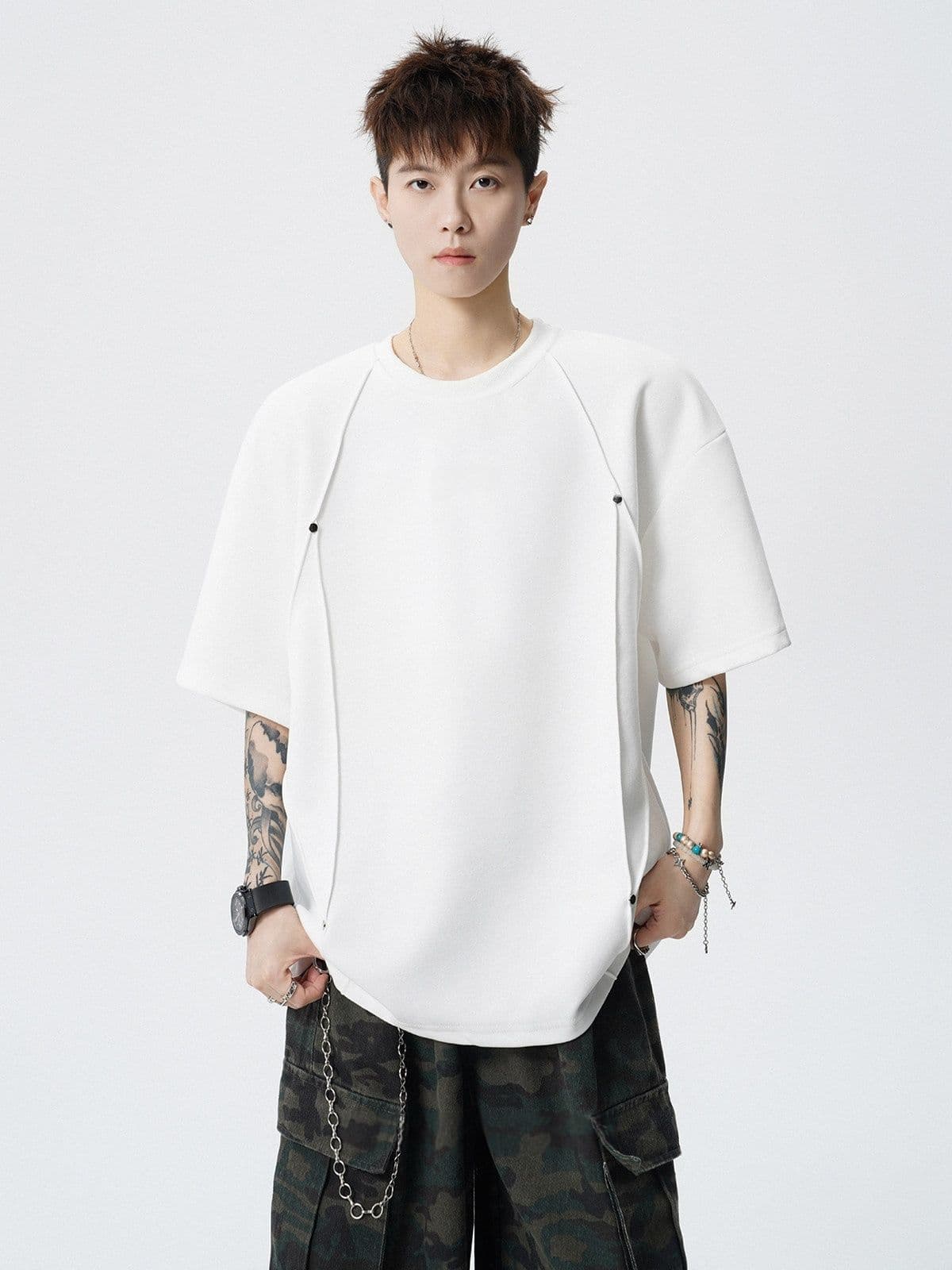 2026 새로운 무거운 해체 징 반팔 티셔츠 여름 캐주얼 긍정적 인 어깨 반소매 동정 상세 이미지 2
