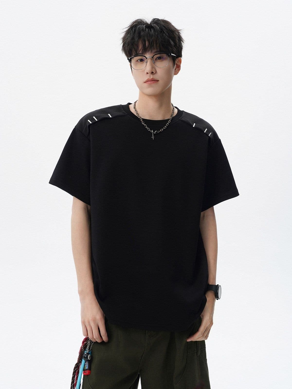2026 새로운 무거운 남자 해체 패치워크 boxy 긍정적 인 어깨 티셔츠 여름 조수 브랜드 반팔 동정 이미지 2