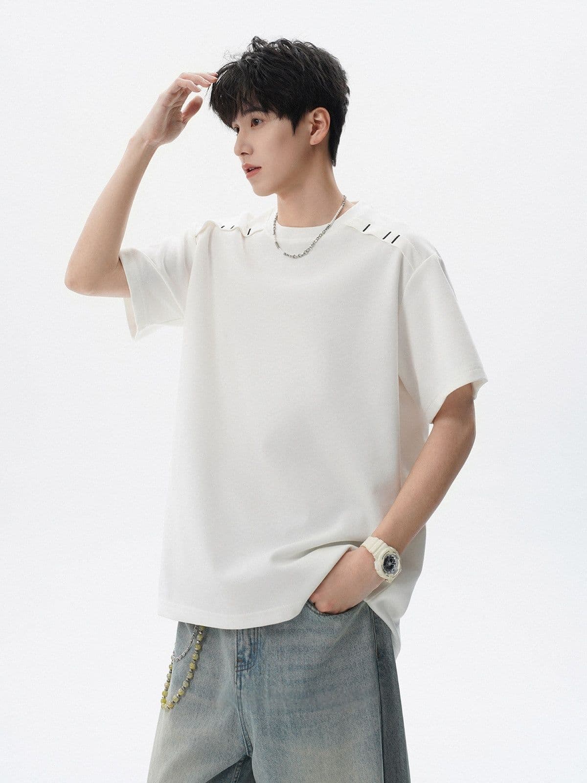 2026 새로운 무거운 남자 해체 패치워크 boxy 긍정적 인 어깨 티셔츠 여름 조수 브랜드 반팔 동정 상세 이미지 3