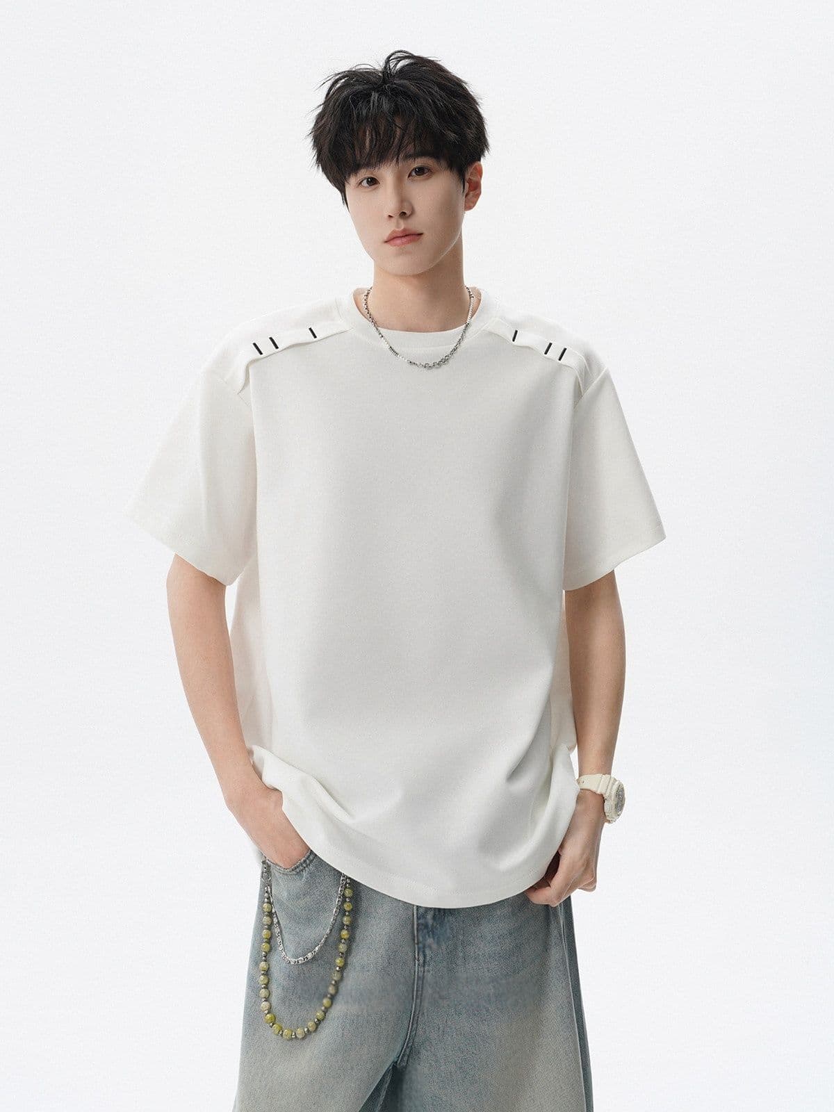 2026 새로운 무거운 남자 해체 패치워크 boxy 긍정적 인 어깨 티셔츠 여름 조수 브랜드 반팔 동정 상세 이미지 4