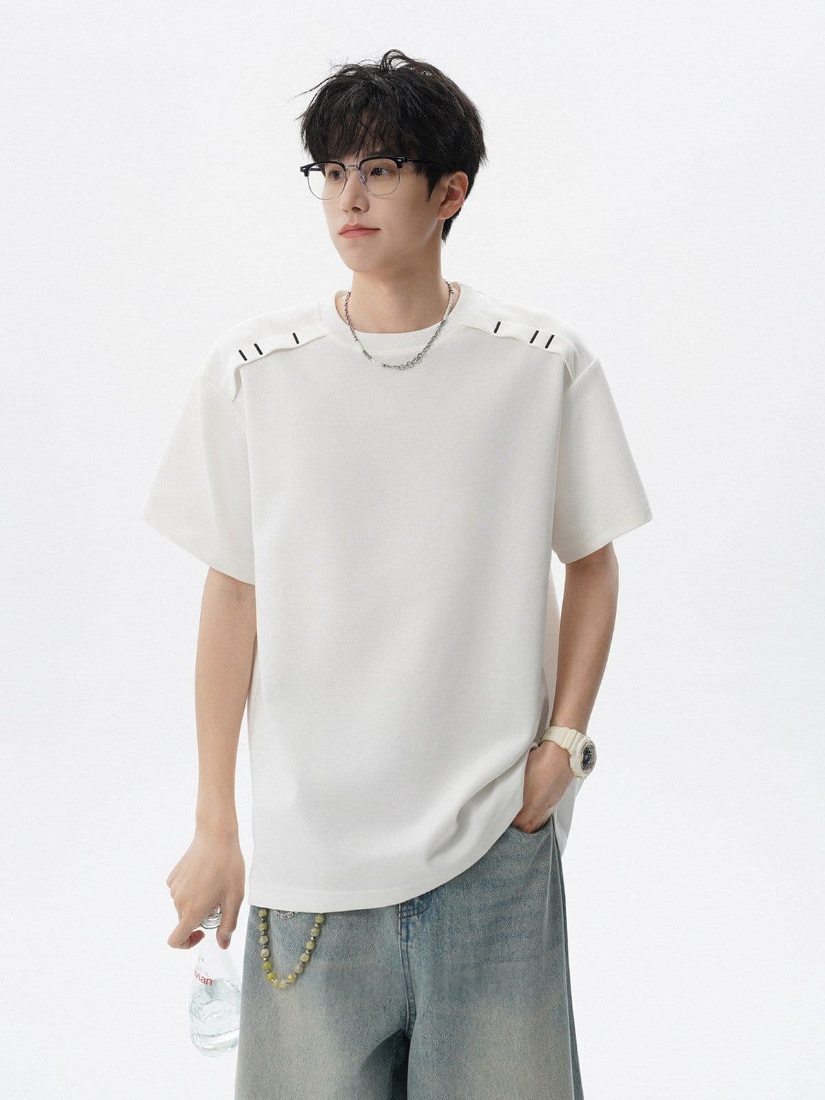 2026 새로운 무거운 남자 해체 패치워크 boxy 긍정적 인 어깨 티셔츠 여름 조수 브랜드 반팔 동정 상세 이미지 5