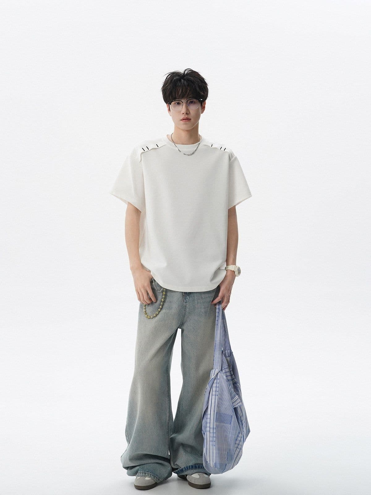 2026 새로운 무거운 남자 해체 패치워크 boxy 긍정적 인 어깨 티셔츠 여름 조수 브랜드 반팔 동정 상세 이미지 9
