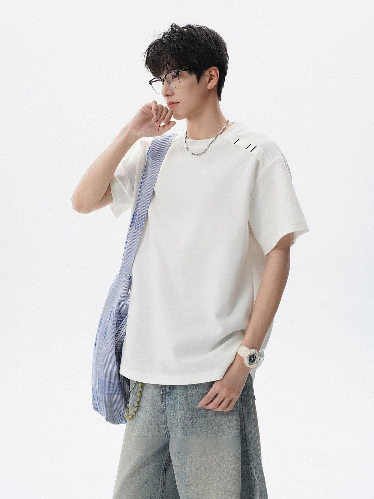 2026 새로운 무거운 남자 해체 패치워크 boxy 긍정적 인 어깨 티셔츠 여름 조수 브랜드 반팔 동정 상세 이미지 10