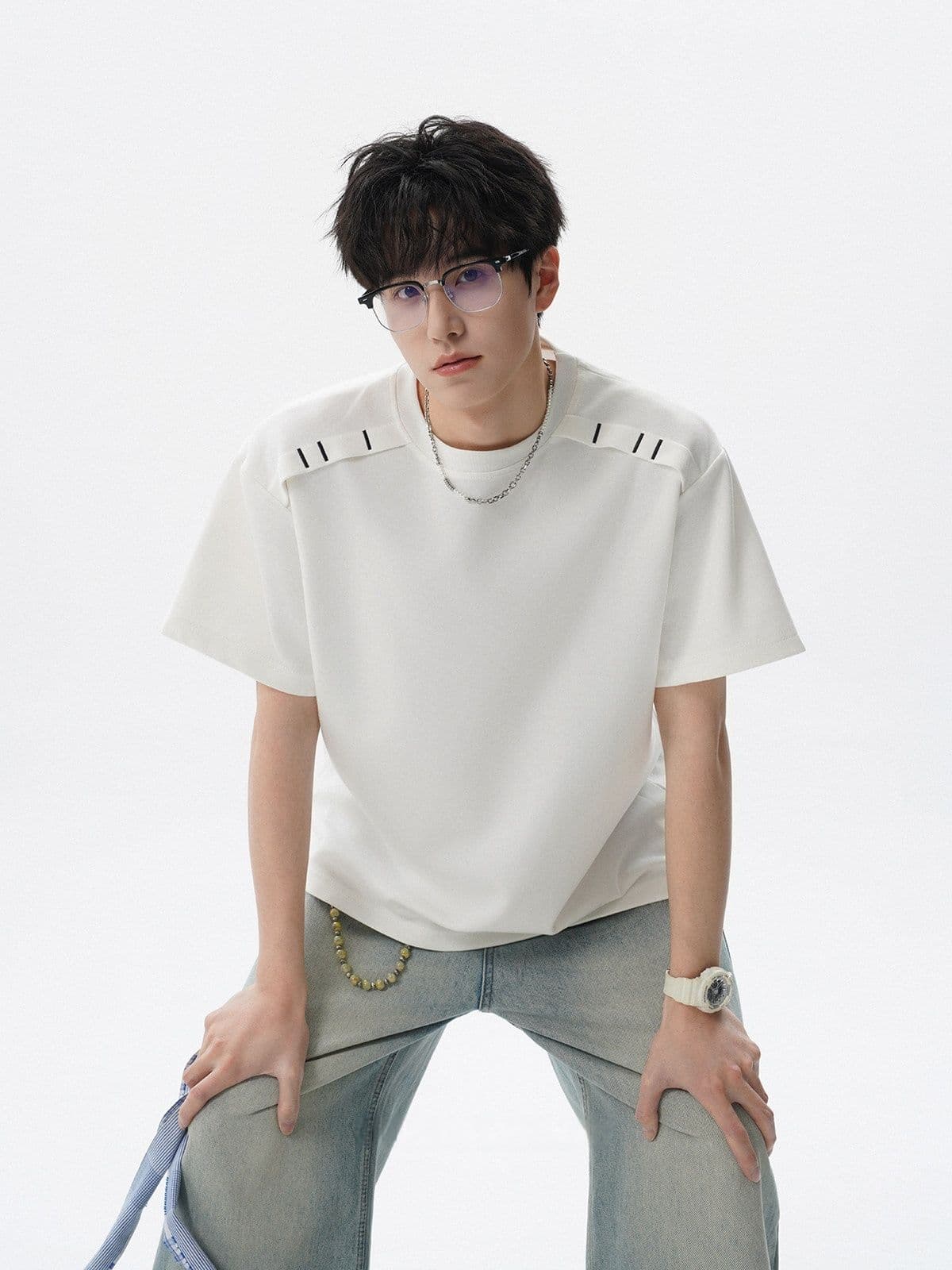 2026 새로운 무거운 남자 해체 패치워크 boxy 긍정적 인 어깨 티셔츠 여름 조수 브랜드 반팔 동정 상세 이미지 11