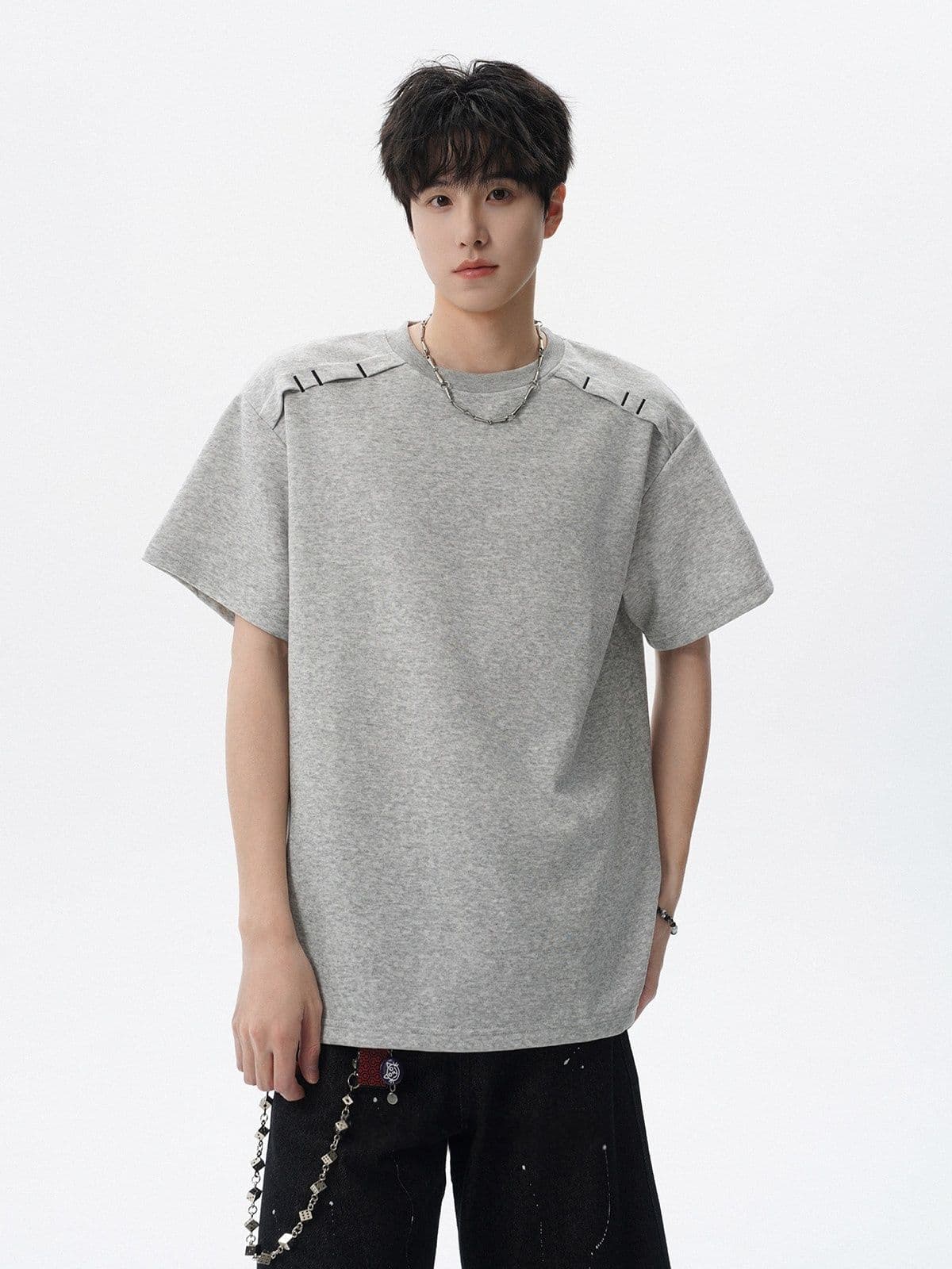 2026 새로운 무거운 남자 해체 패치워크 boxy 긍정적 인 어깨 티셔츠 여름 조수 브랜드 반팔 동정 상세 이미지 12