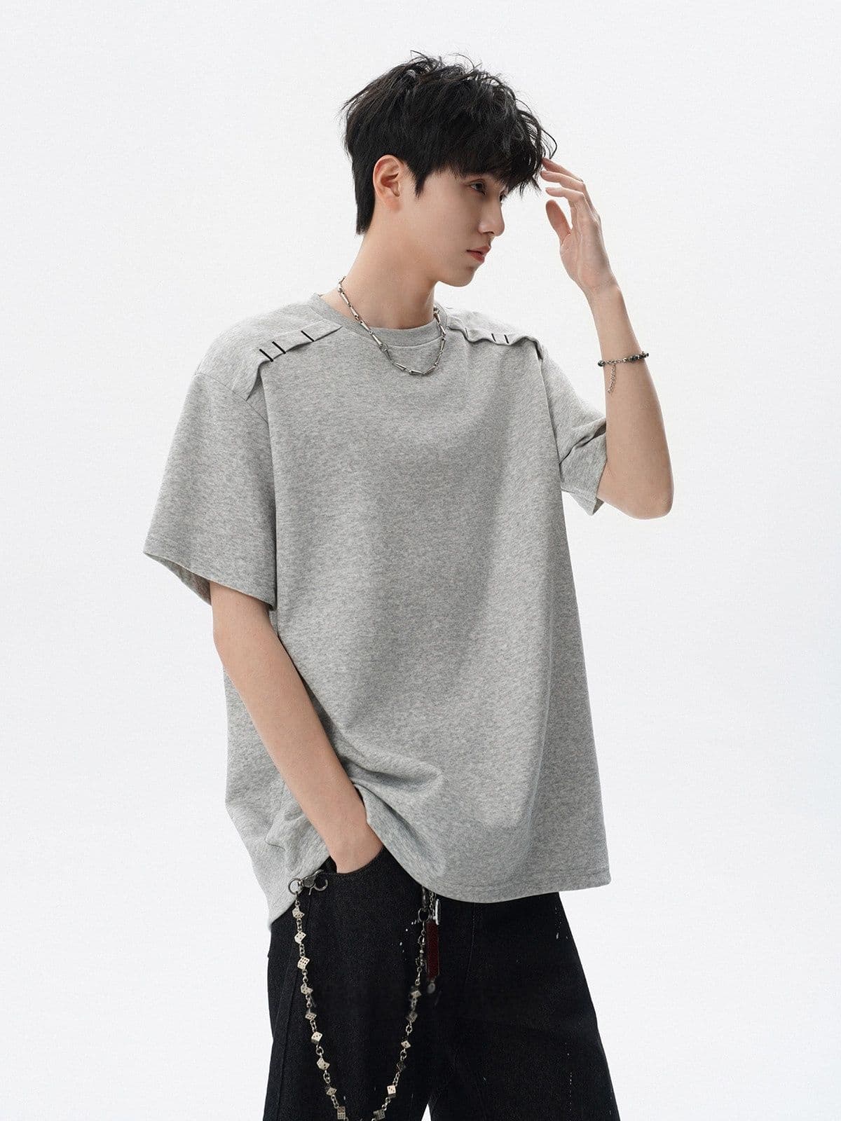 2026 새로운 무거운 남자 해체 패치워크 boxy 긍정적 인 어깨 티셔츠 여름 조수 브랜드 반팔 동정 상세 이미지 13