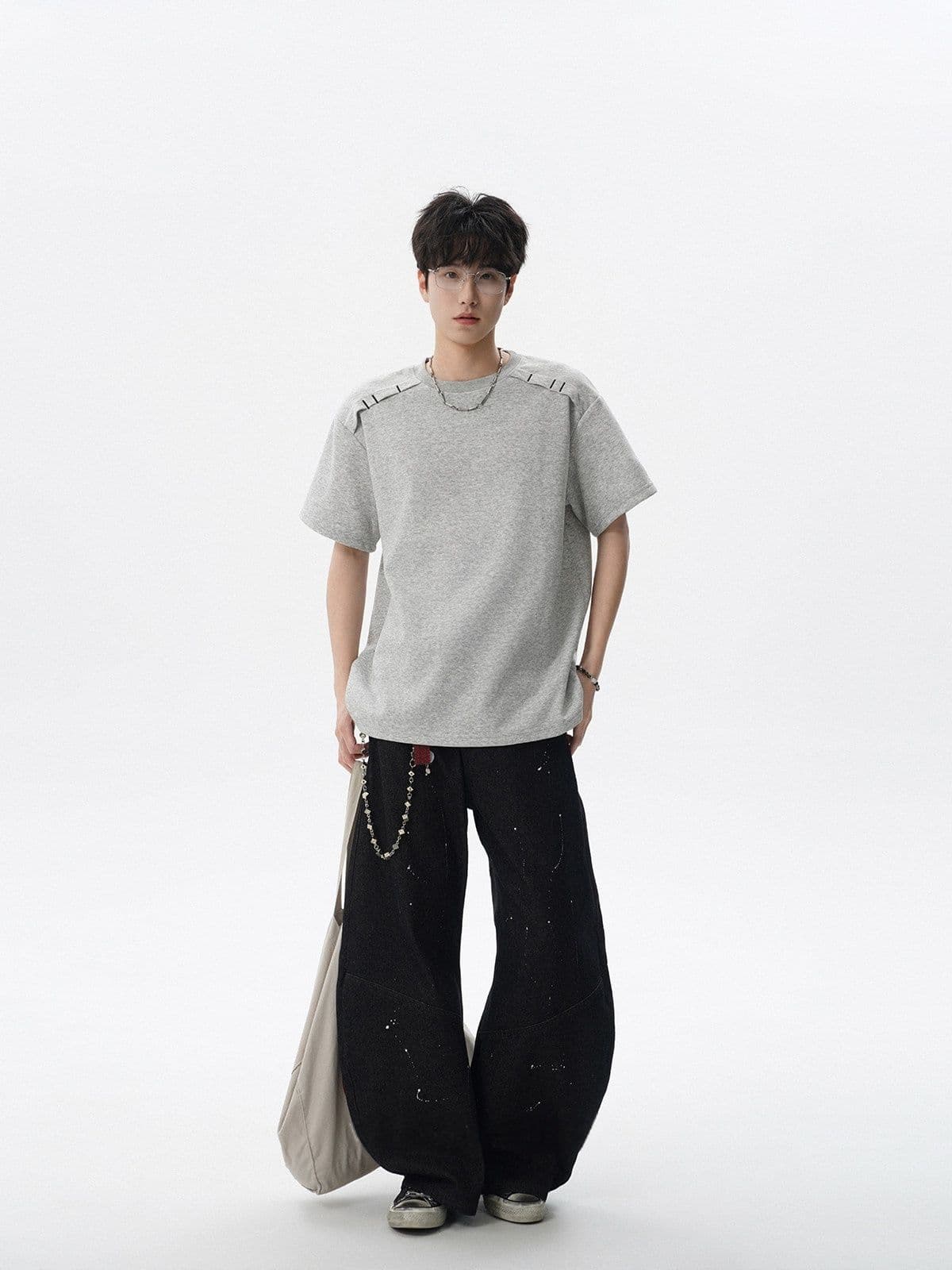 2026 새로운 무거운 남자 해체 패치워크 boxy 긍정적 인 어깨 티셔츠 여름 조수 브랜드 반팔 동정 상세 이미지 15