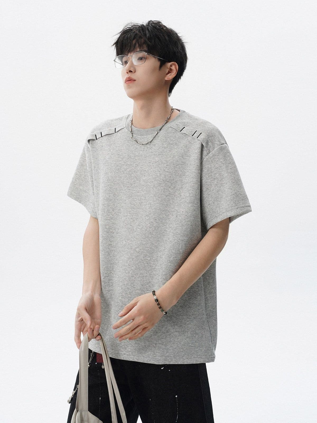 2026 새로운 무거운 남자 해체 패치워크 boxy 긍정적 인 어깨 티셔츠 여름 조수 브랜드 반팔 동정 상세 이미지 16