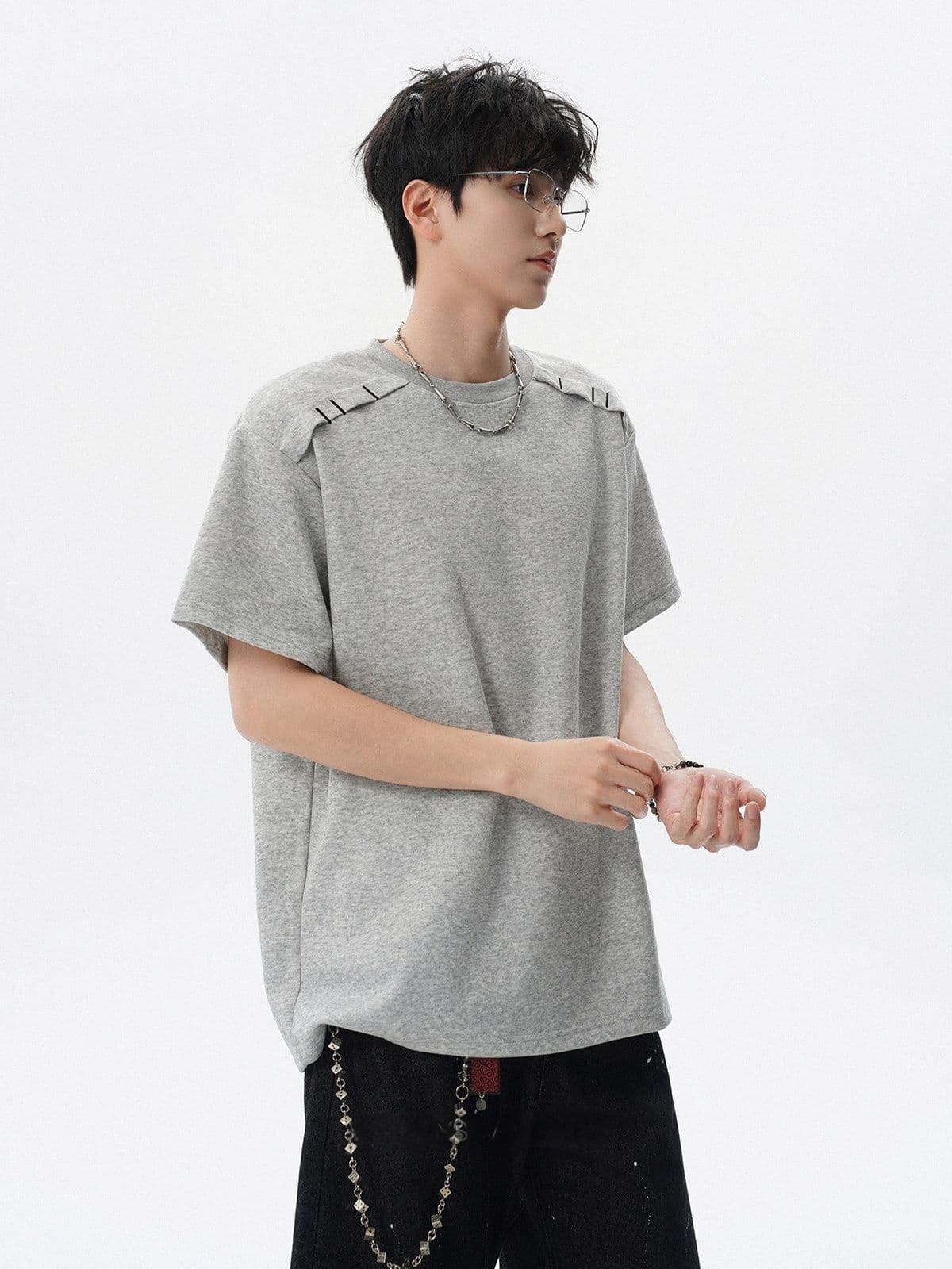 2026 새로운 무거운 남자 해체 패치워크 boxy 긍정적 인 어깨 티셔츠 여름 조수 브랜드 반팔 동정 상세 이미지 18