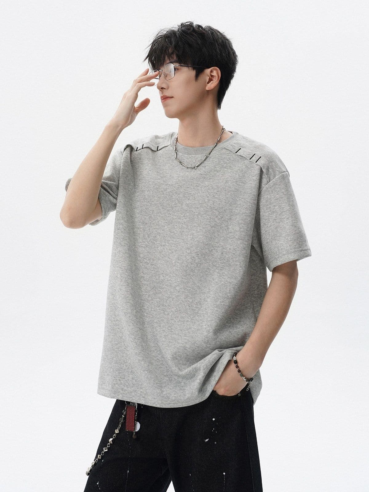 2026 새로운 무거운 남자 해체 패치워크 boxy 긍정적 인 어깨 티셔츠 여름 조수 브랜드 반팔 동정 상세 이미지 19