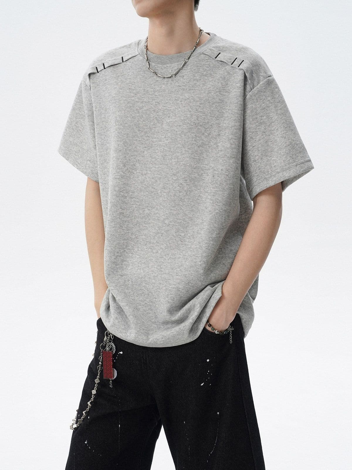 2026 새로운 무거운 남자 해체 패치워크 boxy 긍정적 인 어깨 티셔츠 여름 조수 브랜드 반팔 동정 상세 이미지 20