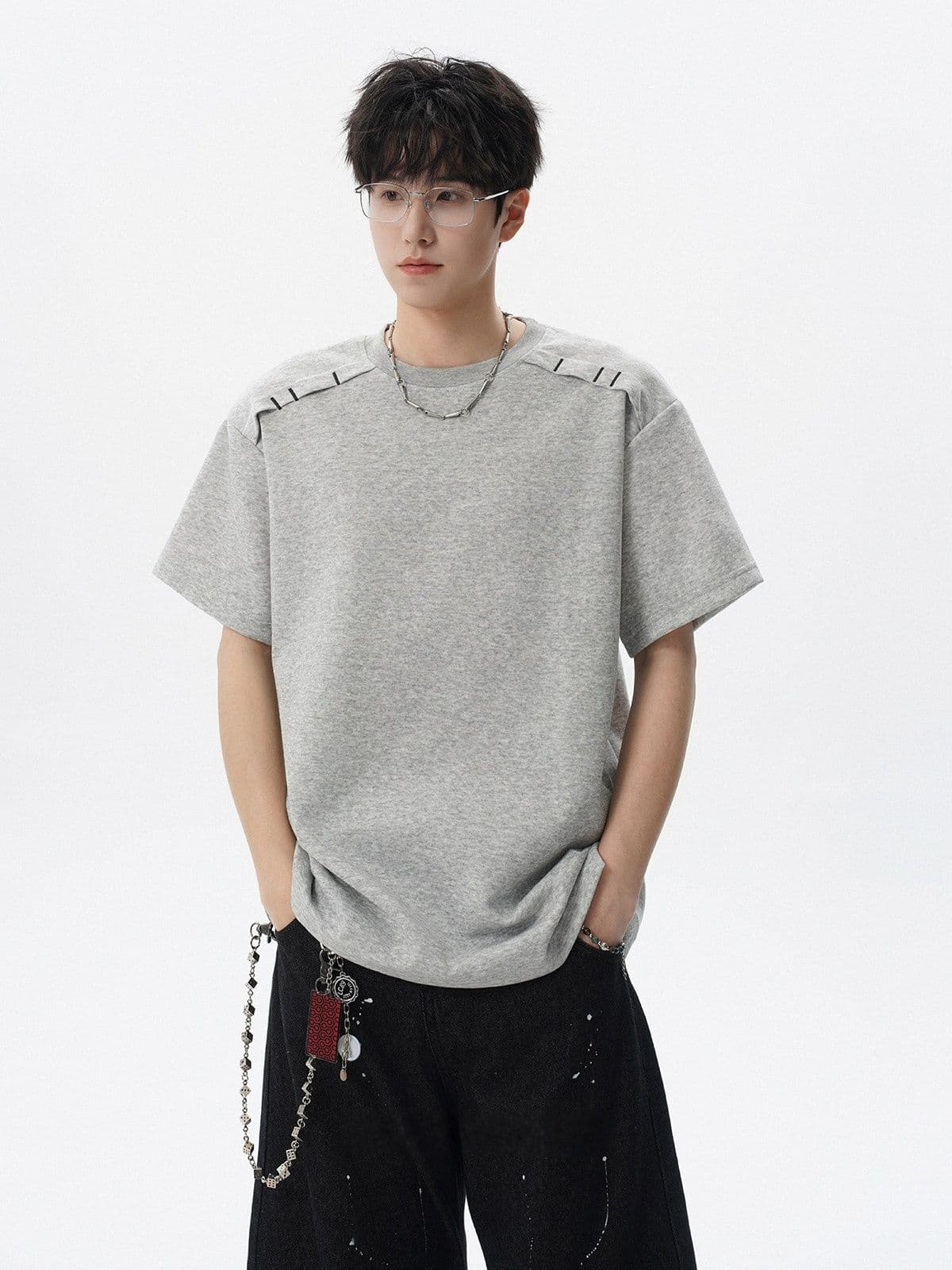 2026 새로운 무거운 남자 해체 패치워크 boxy 긍정적 인 어깨 티셔츠 여름 조수 브랜드 반팔 동정 상세 이미지 21
