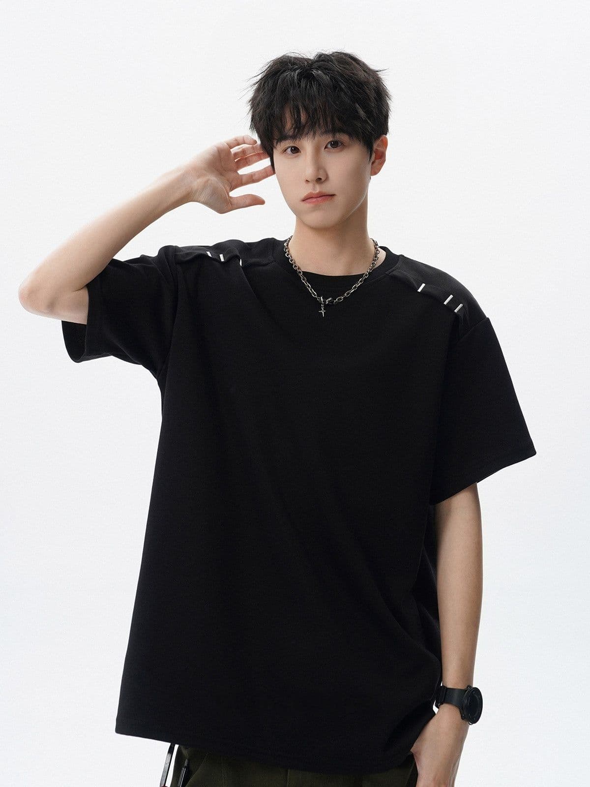 2026 새로운 무거운 남자 해체 패치워크 boxy 긍정적 인 어깨 티셔츠 여름 조수 브랜드 반팔 동정 상세 이미지 22