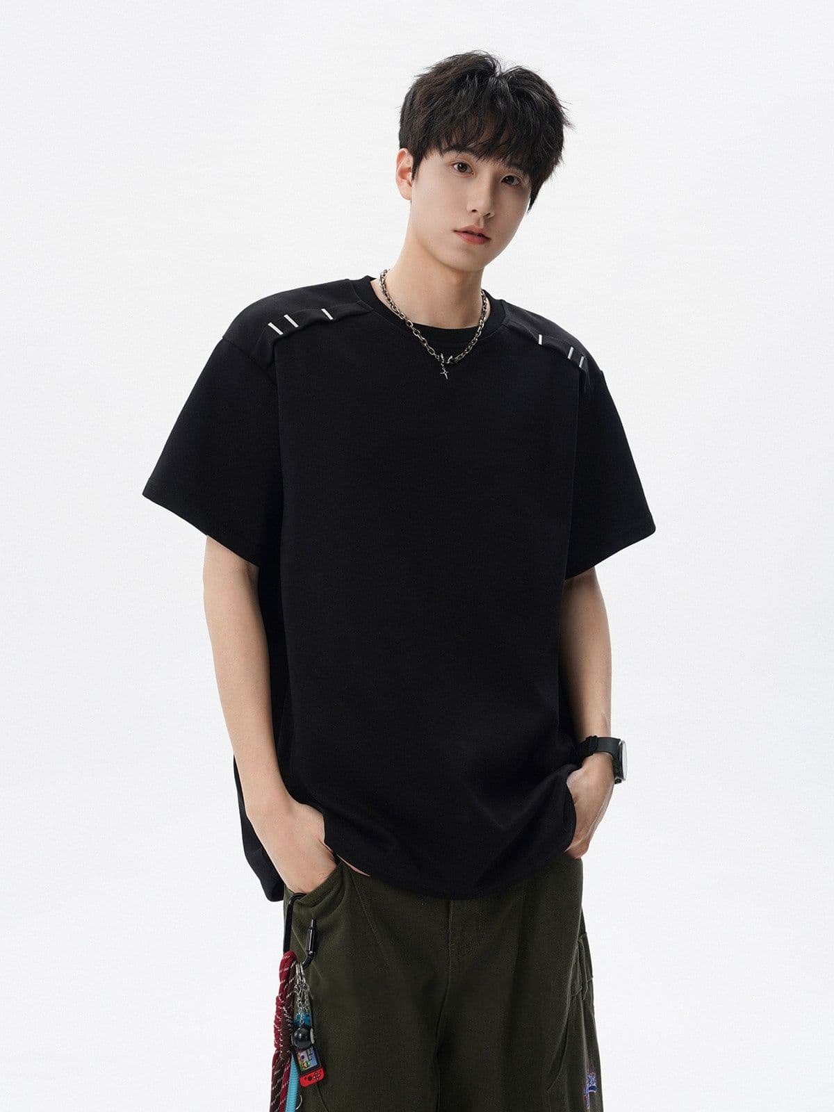 2026 새로운 무거운 남자 해체 패치워크 boxy 긍정적 인 어깨 티셔츠 여름 조수 브랜드 반팔 동정 상세 이미지 23