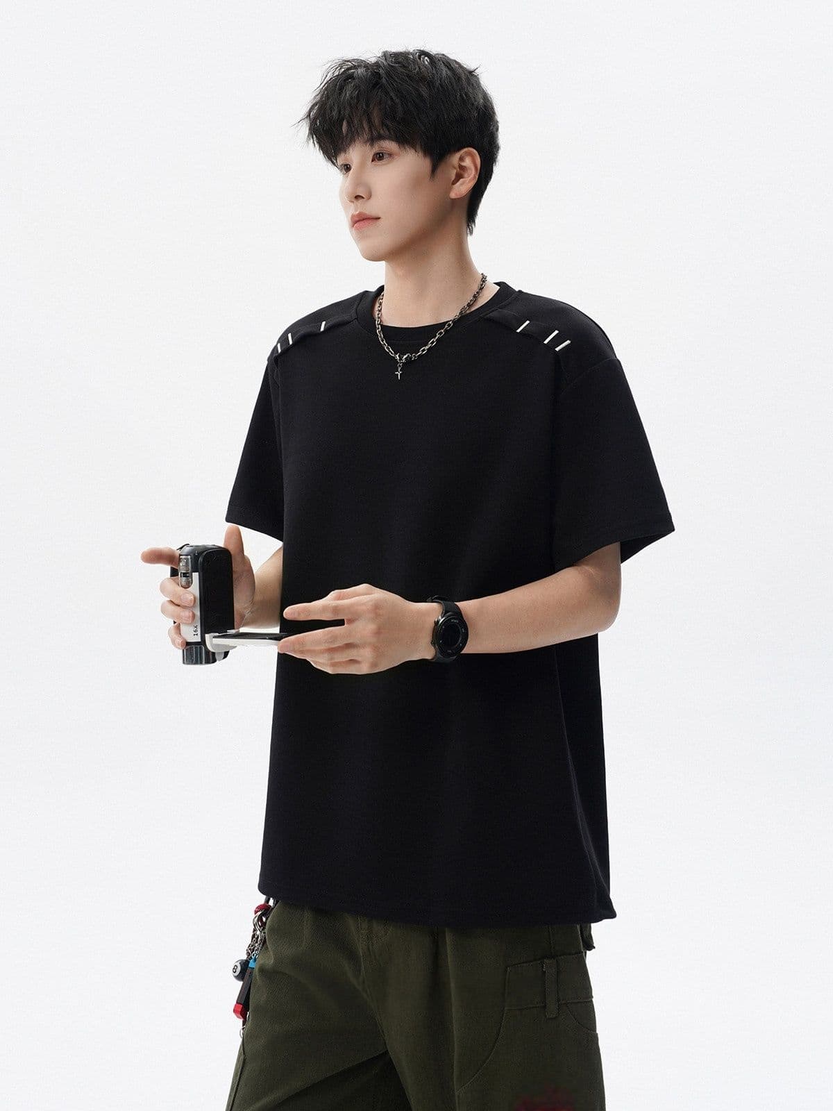 2026 새로운 무거운 남자 해체 패치워크 boxy 긍정적 인 어깨 티셔츠 여름 조수 브랜드 반팔 동정 상세 이미지 25