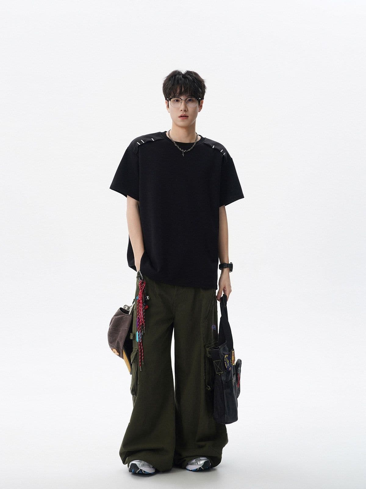 2026 새로운 무거운 남자 해체 패치워크 boxy 긍정적 인 어깨 티셔츠 여름 조수 브랜드 반팔 동정 상세 이미지 27