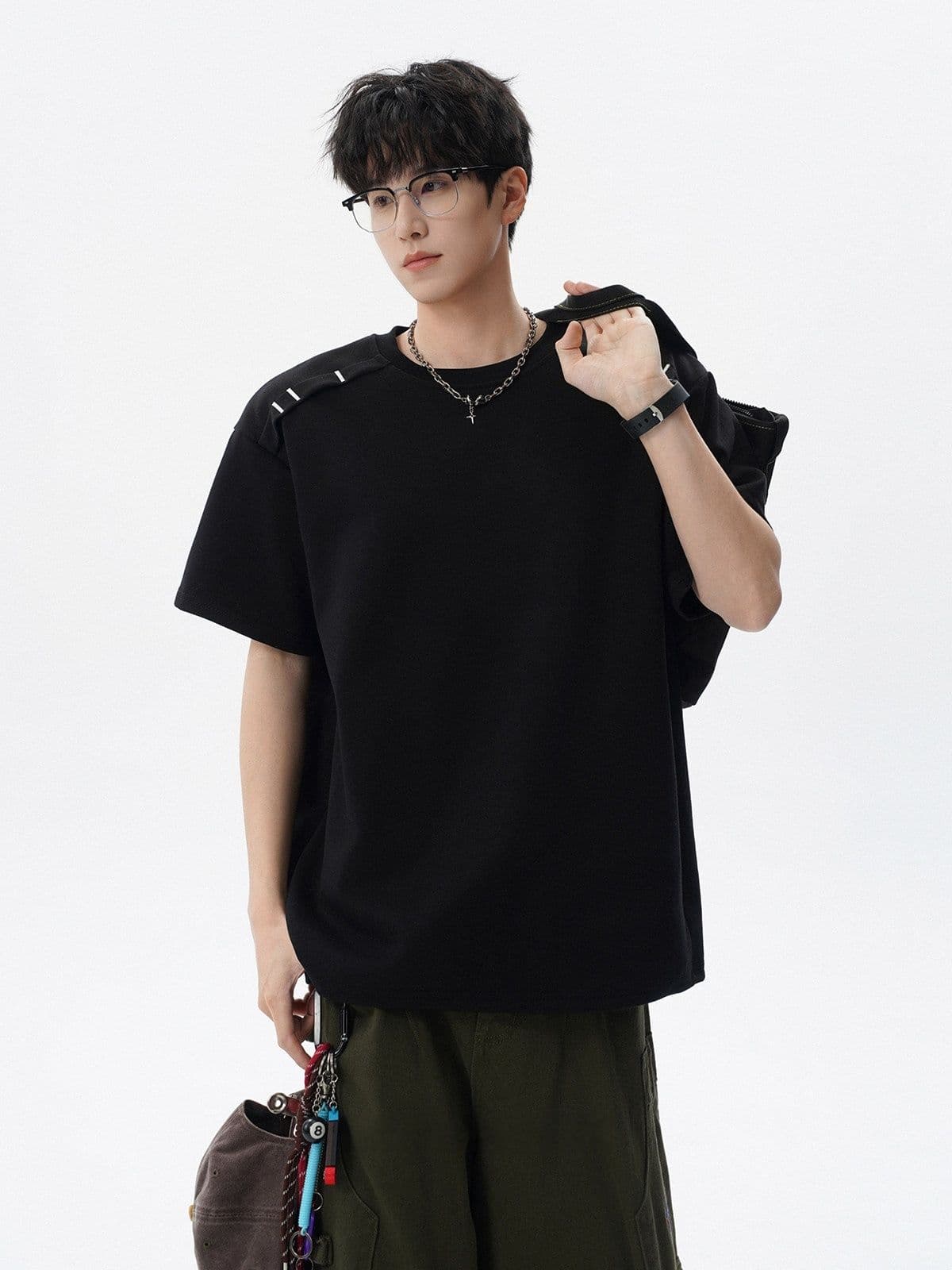 2026 새로운 무거운 남자 해체 패치워크 boxy 긍정적 인 어깨 티셔츠 여름 조수 브랜드 반팔 동정 상세 이미지 28