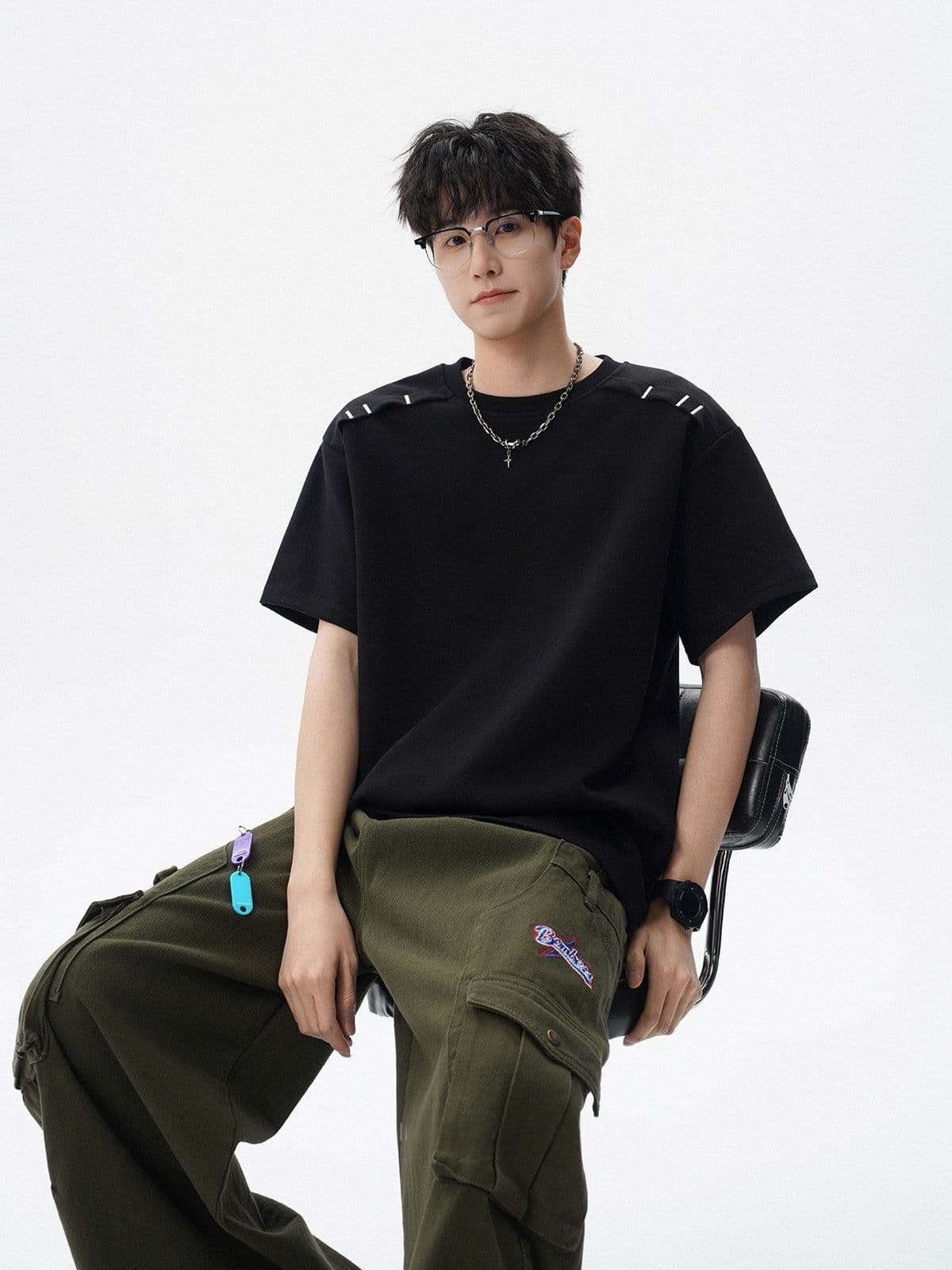 2026 새로운 무거운 남자 해체 패치워크 boxy 긍정적 인 어깨 티셔츠 여름 조수 브랜드 반팔 동정 상세 이미지 30