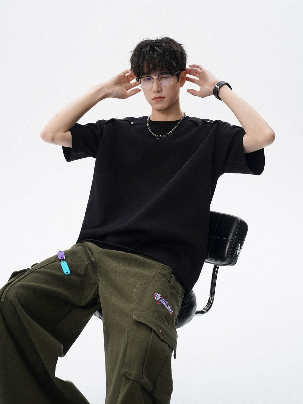 2026 새로운 무거운 남자 해체 패치워크 boxy 긍정적 인 어깨 티셔츠 여름 조수 브랜드 반팔 동정 상세 이미지 31
