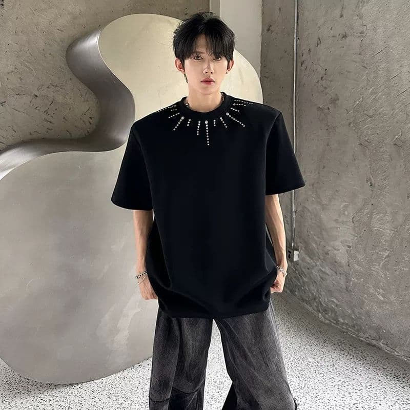 2026 새로운 무거운 벨트 어깨 패드 여름 악당 잘 생긴 반팔 티셔츠 남자 높음 거리 불꽃놀이 핫픽스 루즈핏 조수 브랜드 맨위 이미지 4