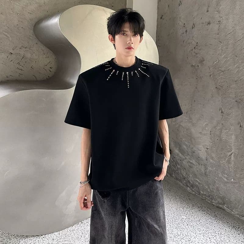 2026 새로운 무거운 벨트 어깨 패드 여름 악당 잘 생긴 반팔 티셔츠 남자 높음 거리 불꽃놀이 핫픽스 루즈핏 조수 브랜드 맨위 이미지 2
