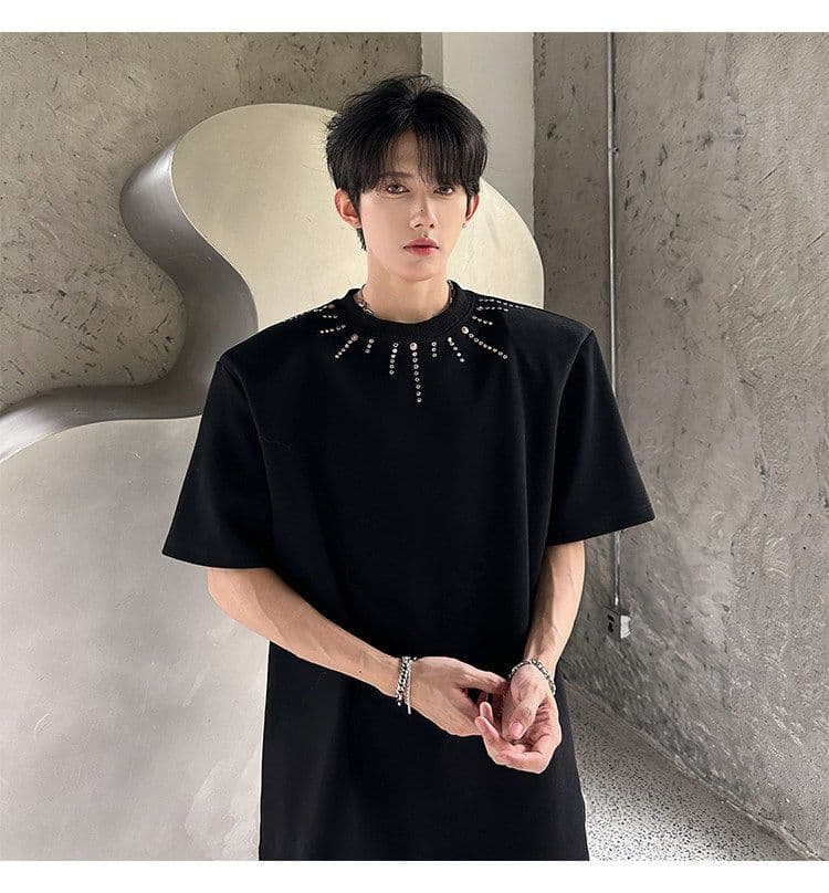 2026 새로운 무거운 벨트 어깨 패드 여름 악당 잘 생긴 반팔 티셔츠 남자 높음 거리 불꽃놀이 핫픽스 루즈핏 조수 브랜드 맨위 상세 이미지 5