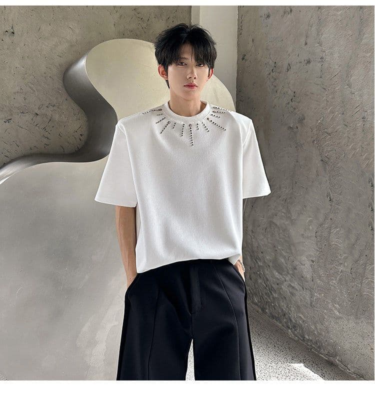 2026 새로운 무거운 벨트 어깨 패드 여름 악당 잘 생긴 반팔 티셔츠 남자 높음 거리 불꽃놀이 핫픽스 루즈핏 조수 브랜드 맨위 상세 이미지 18