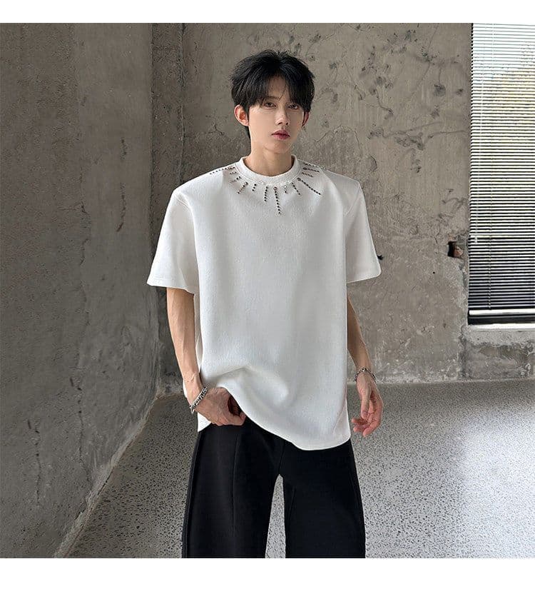 2026 새로운 무거운 벨트 어깨 패드 여름 악당 잘 생긴 반팔 티셔츠 남자 높음 거리 불꽃놀이 핫픽스 루즈핏 조수 브랜드 맨위 상세 이미지 23