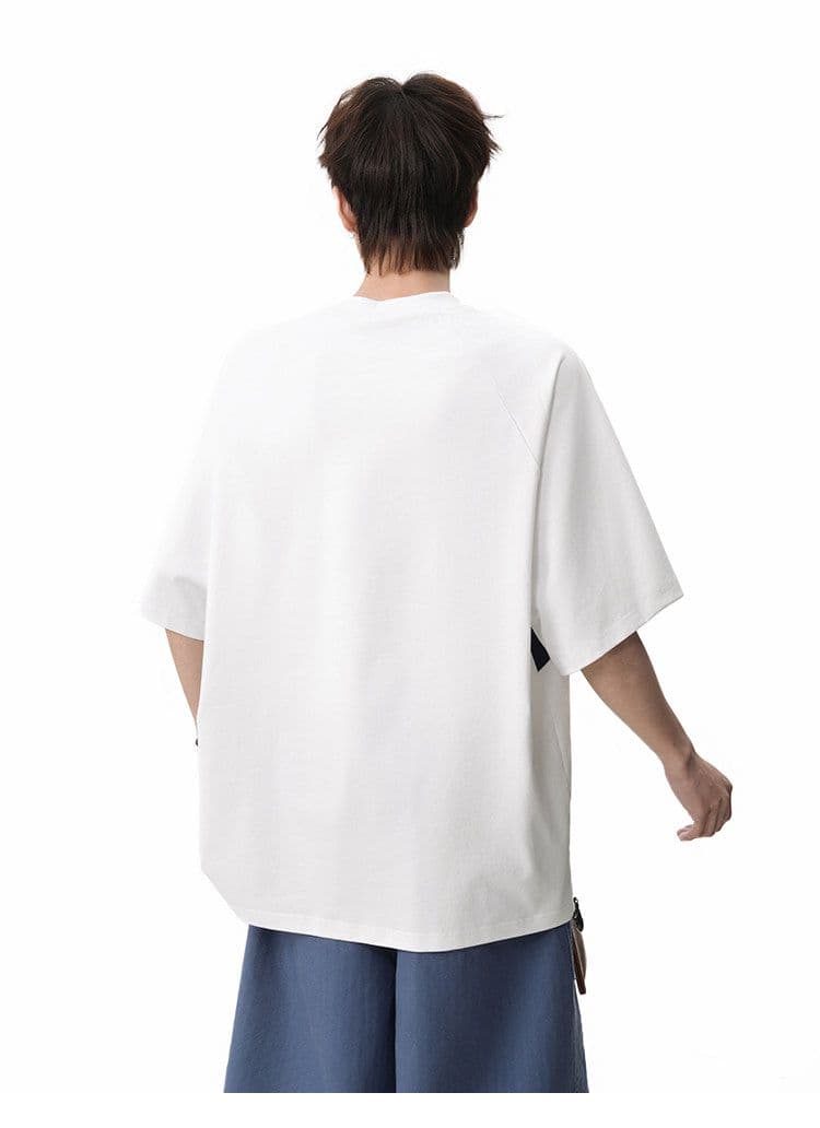 2026 새로운 무거운 순면 남녀 분할 배색 패치워크 반팔 티셔츠 조수 브랜드 반소매 맨위 상세 이미지 11