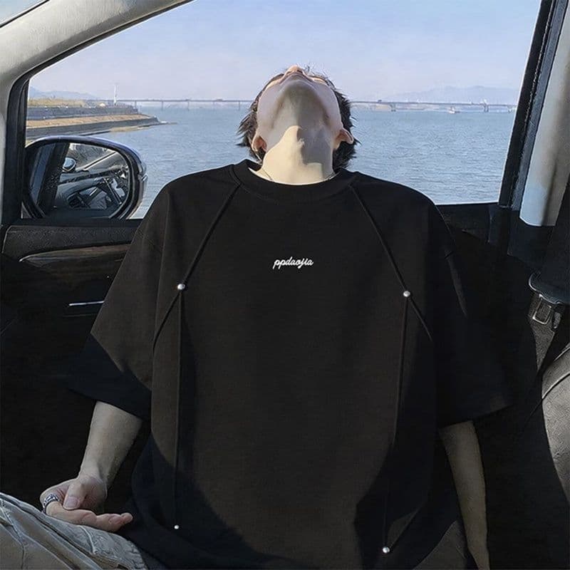 2026 새로운 자수 아메리칸 반팔 티셔츠 남자 여름 미니멀리즘 자수 루즈핏 악당 잘 생긴 캐주얼 맨위 이미지 4