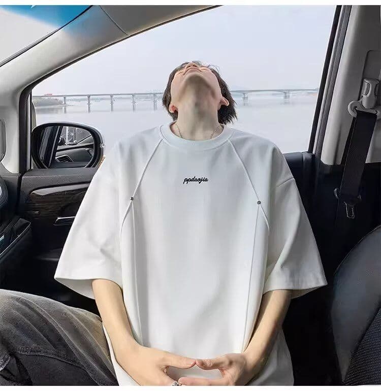 2026 새로운 자수 아메리칸 반팔 티셔츠 남자 여름 미니멀리즘 자수 루즈핏 악당 잘 생긴 캐주얼 맨위 상세 이미지 6