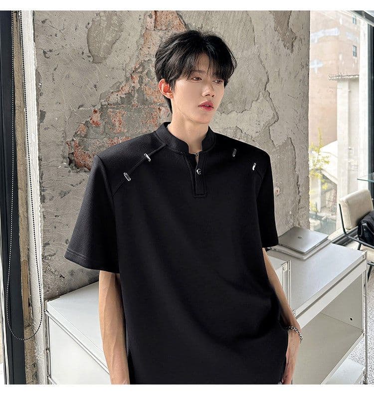 2026 새로운 무거운 벨트 어깨 패드 반팔 티셔츠 헨리 칼라 작은 대중 금속 장식 유입 여름 무거운 작업 동정 상세 이미지 2