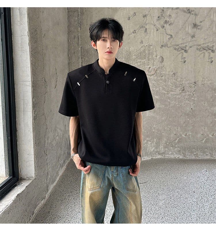2026 새로운 무거운 벨트 어깨 패드 반팔 티셔츠 헨리 칼라 작은 대중 금속 장식 유입 여름 무거운 작업 동정 상세 이미지 5