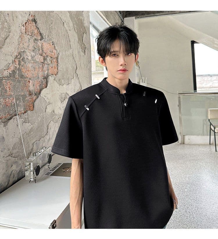 2026 새로운 무거운 벨트 어깨 패드 반팔 티셔츠 헨리 칼라 작은 대중 금속 장식 유입 여름 무거운 작업 동정 상세 이미지 8