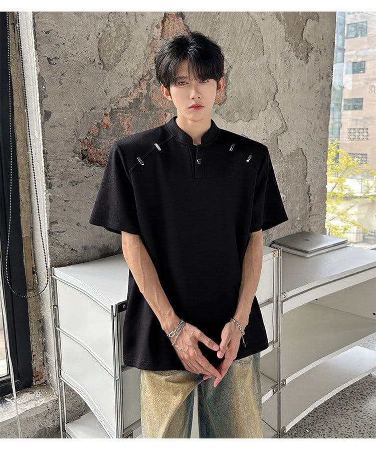 2026 새로운 무거운 벨트 어깨 패드 반팔 티셔츠 헨리 칼라 작은 대중 금속 장식 유입 여름 무거운 작업 동정 상세 이미지 9